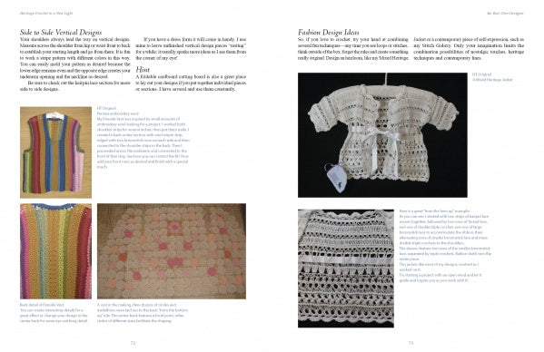 Heritage Crochet in a New Light by Schiffer Publishing, Ltd. features pages of intermediate crochet and knitting patterns with color photos of striped vests, pastel blankets with pink flowers, and lacy white tops using heritage techniques.