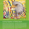 Eagle Motifs in America" from Schiffer Publishing, Ltd. showcases a quilt with a realistic bald eagle head atop a vibrant, abstract background with swirling patterns and stars, set above a green box titled "Coming Together or Falling Apart.