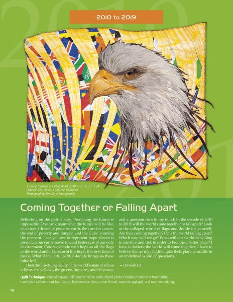 Eagle Motifs in America" from Schiffer Publishing, Ltd. showcases a quilt with a realistic bald eagle head atop a vibrant, abstract background with swirling patterns and stars, set above a green box titled "Coming Together or Falling Apart.