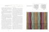 An open spread from Ondulé Textiles by Schiffer Publishing, Ltd. presents weaving instructions and diagrams on the left page, and two weaving charts plus a photo of wavy, multicolored ondulé textiles on the right.