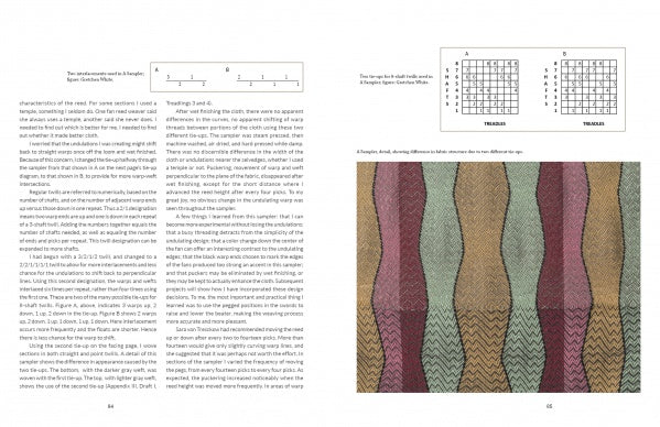 An open spread from Ondulé Textiles by Schiffer Publishing, Ltd. presents weaving instructions and diagrams on the left page, and two weaving charts plus a photo of wavy, multicolored ondulé textiles on the right.