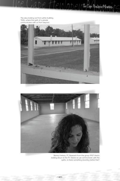 Black-and-white photo collage: Top, a window view of a white building and grassy area. Bottom, a woman with curly hair stands in a sunlit, empty room—capturing the haunting mood of "Ghosts of Delaware" by Schiffer Publishing, Ltd.