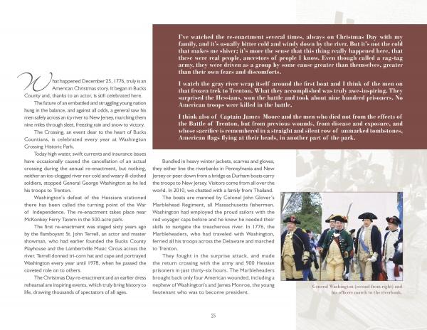 A two-page spread in "Bucks County, Pennsylvania" by Schiffer Publishing, Ltd. describes Washington’s historic Delaware crossing, featuring a photo of Revolutionary War re-enactors in period uniforms, including one labeled General Washington.