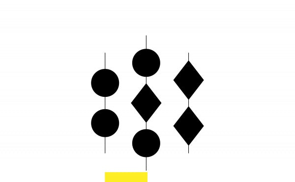 The cover of "Lights, Shapes, & Signals for the Merchant Mariner" by Schiffer Publishing, Ltd. features vertical lines with black circles and diamonds like maritime signals, plus a yellow rectangle on white, evoking boating safety.