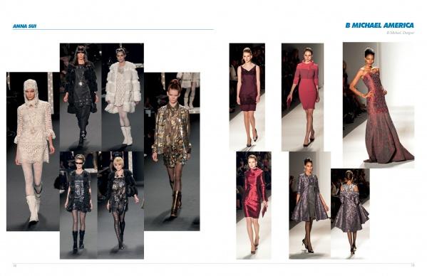 A collage from The SFP LookBook: Mercedes-Benz Fashion Week Fall 2013 Collections by Schiffer Publishing, Ltd. features textured, layered outfits in dark and light tones on the left and elegant red and metallic dresses on the right.