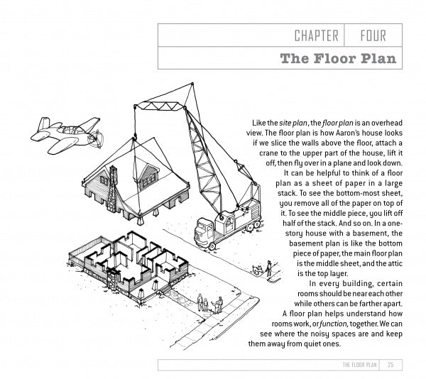 A black-and-white page from "The Future Architect’s Handbook" by Schiffer Publishing, Ltd. shows a crane placing a paper floor plan over a 3D house, introducing architectural drawing for kids, with an airplane sketch in the corner.
