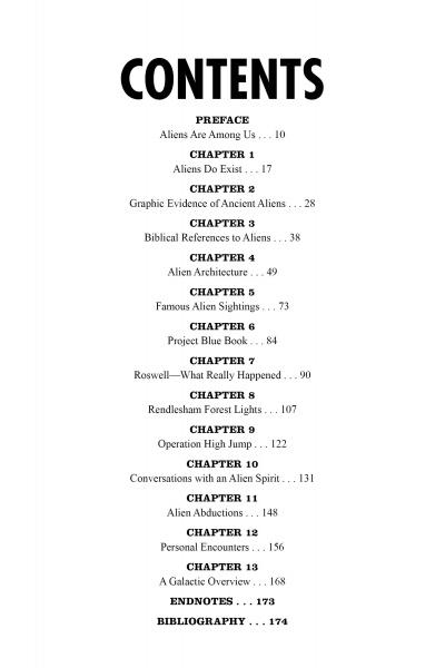 The table of contents page in "Aliens Among Us" by Schiffer Publishing, Ltd. features sections such as Preface, 11 chapters, Endnotes, and Bibliography on sightings, abductions, Roswell, alien architecture, and channeled messages with page numbers.