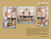 Three images depict a detailed miniature woodcarving from "Carving a 1930s Street Scene" by Schiffer Publishing, Ltd., featuring a white store with colorful signs, porch, and figurines in the classic Caricature Carvers of America style.