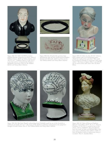 A page from Staffordshire Figures 1780 to 1840, Volume 4 by Schiffer Publishing, Ltd. shows eight images, like enamel-painted figures, a phrenology head, and a porcelain bust, each with captions by Myrna Schkolne.