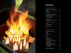 A bright fire burns atop stacked wood in a barbecue smoker, next to a black table of contents for "The Little Smoker Book" by Schiffer Publishing, Ltd.—an ideal guide for beginners and anyone seeking new smoking recipes.