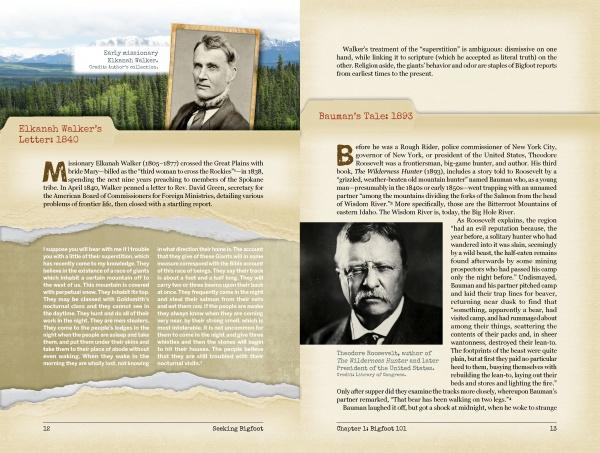 A two-page spread from Seeking Bigfoot by Schiffer Publishing, Ltd. has brown/beige backgrounds, images of Elkanah Walker and Theodore Roosevelt, and text about Walker’s 1840s letter and Roosevelt’s early Bigfoot accounts.
