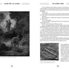 Two pages from "Aliens, God, and the Bible" by Schiffer Publishing, Ltd. show text and black-and-white illustrations: one depicts a man and woman fleeing an angel in a biblical scene, the other features an image of fossilized teeth.
