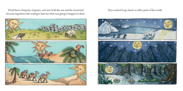 In "Sun & Moon Take Turns" by Schiffer Publishing, Ltd., vibrant pages show the sun and moon watching over Earth's day and night—sheep by a wall, ice penguins, desert camels, a polar bear, and forest animals under the night sky.