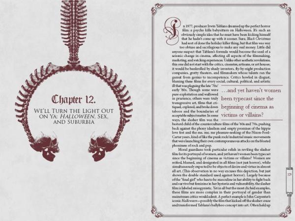 An open copy of "The Thrill of Repulsion" by Schiffer Publishing, Ltd. displays Chapter 12, titled "We'll Turn the Light Out on Ya: Halloween, Sex, and Suburbia," with a dark red bone arch and skulls illustration beside text on the right page.