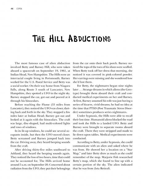 A two-column page from More New England Graveside Tales (Schiffer Publishing, Ltd.) describes the Hill Abductions UFO case, detailing Betty and Barney Hill's terrifying ordeal, nightmares, and the aftermath of their experience.