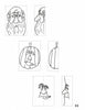Six black-and-white sketches from Schiffer Publishing’s "Carving Caricature Bookmarks" show an old man, a pumpkin, a smoking man, and a woman—ideal wood carving references. “Page 61” appears in the corner.