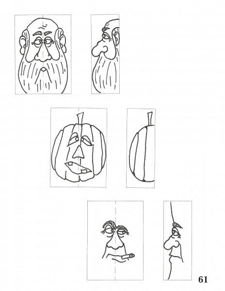 Six black-and-white sketches from Schiffer Publishing’s "Carving Caricature Bookmarks" show an old man, a pumpkin, a smoking man, and a woman—ideal wood carving references. “Page 61” appears in the corner.