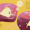 Cheerful Little Shell with eyes, arms, and legs tumbles through water with Jittery Jellyfish and friends. Ideal for Schiffer Publishing, Ltd.'s augmented reality children's book "Little Shell and Jittery Jellyfish." Text is on the right side.