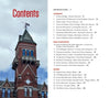 A red brick clock tower rises under a blue sky beside a table of contents for Notorious New England by Schiffer Publishing, Ltd.—a guide to sinister sites in Vermont, New Hampshire, and Maine for haunted New England and dark tourism fans.
