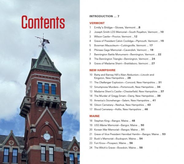 A red brick clock tower rises under a blue sky beside a table of contents for Notorious New England by Schiffer Publishing, Ltd.—a guide to sinister sites in Vermont, New Hampshire, and Maine for haunted New England and dark tourism fans.