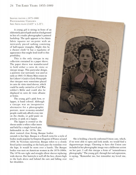 A sepia portrait of a young girl in a jacket and scarf appears over historical text in "Quilts in Everyday Life, 1855-1955" by Schiffer Publishing, Ltd., reflecting American culture with its vintage style and patterned background.