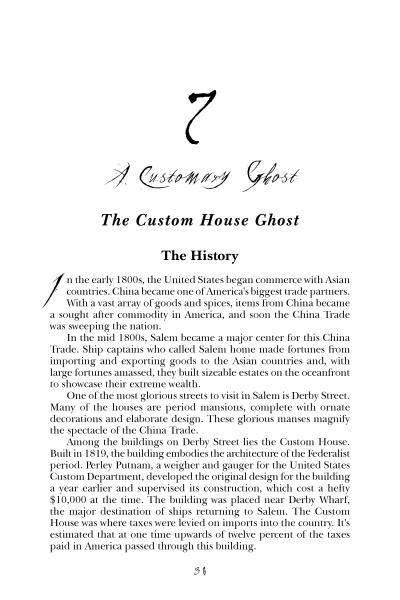 A page from Schiffer Publishing, Ltd.’s "North Shore Spirits of Massachusetts," featuring a decorative chapter heading exploring Salem’s 1800s Asian trade, China Trade ships, the Custom House, and local paranormal tales.