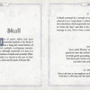 An open book features a card from The Witch's Oracle, 2nd Edition by Schiffer Publishing, Ltd., showing a white skull with leafy vines, and a page with sections titled Skull, Meaning, and Incantation.