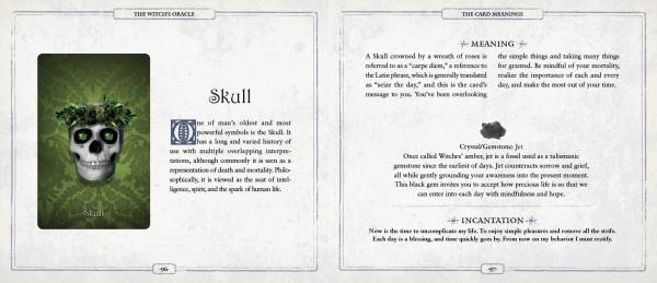 An open book features a card from The Witch's Oracle, 2nd Edition by Schiffer Publishing, Ltd., showing a white skull with leafy vines, and a page with sections titled Skull, Meaning, and Incantation.