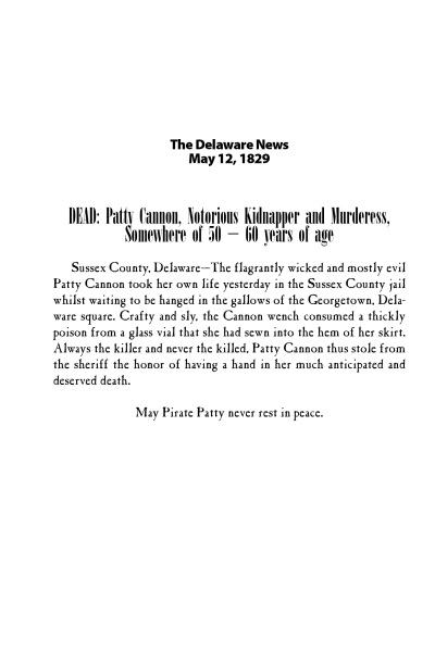 A newspaper clipping from The Delaware News (May 12, 1829) reports the death of Patty Cannon, a notorious kidnapper, featured in Freestyle by Schiffer Publishing, Ltd.—a true story more chilling than any thriller for young readers.