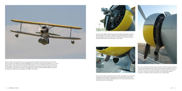 A two-page spread from Schiffer Publishing, Ltd.'s Legends of Warfare showcases the Grumman J2F Duck with photos of the vintage yellow and silver biplane, close-ups of its engine and propeller, and descriptive text alongside the images.