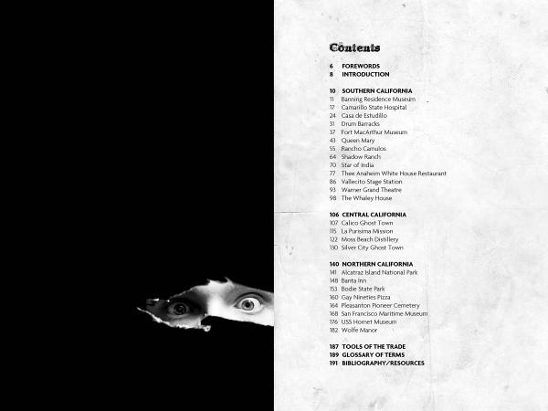 The contents page of "California's Historic Haunts" by Schiffer Publishing, Ltd. features section lists and page numbers beside wide eyes peering from a torn black background—a fitting intro to California’s haunted sites and historic ghost tours.