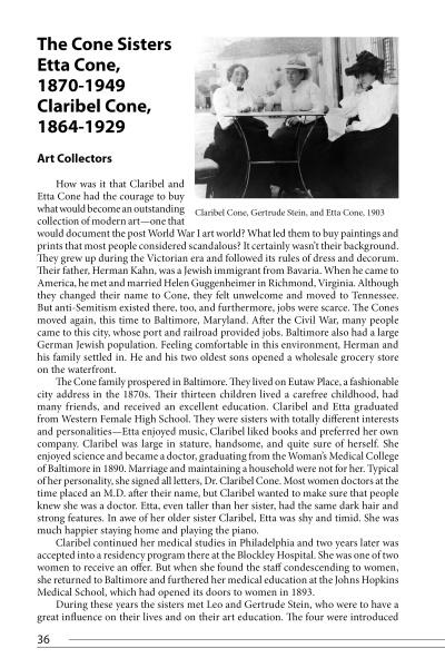 A black-and-white photo of Etta Cone and Gertrude Stein at a table accompanies an article in "Courageous Women of Maryland" by Schiffer Publishing, Ltd. about the art-collecting Cone sisters and the artists they knew.