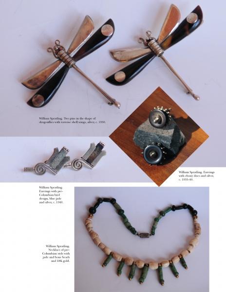 A collage of silver jewelry, labeled by material and maker, features in "The William Spratling Legacy" from Schiffer Publishing, Ltd.—including dragonfly pins, geometric earrings, and jade, shell, or gold-accented necklaces from Taxco, Mexico.