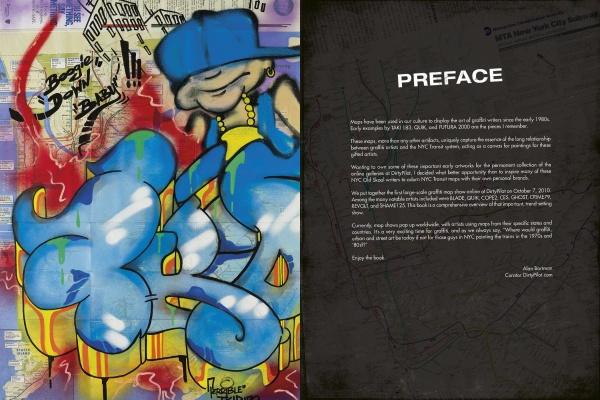 Uptown & Downtown by Schiffer Publishing, Ltd. features a cartoon character in blue and yellow over subway maps on the left, blending into graffiti art, with a dark background and white PREFACE text plus an intro paragraph on the right.