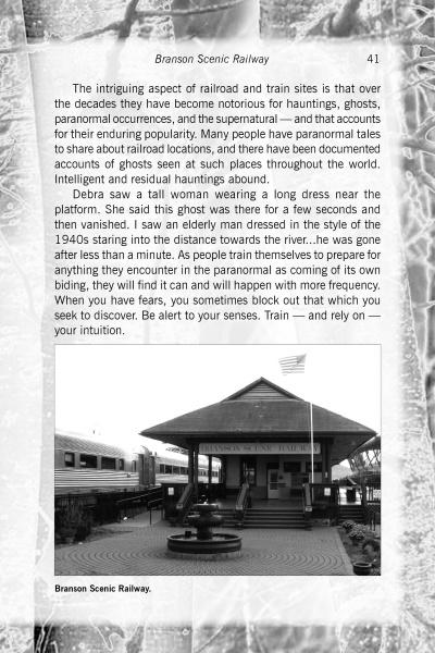 A black and white photo shows a train station platform with benches and a train in the background. Text above features "Branson Hauntings" by Schiffer Publishing, Ltd. and chilling tales from Branson's haunted places.