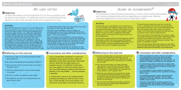 A two-column infographic from Schiffer Publishing, Ltd.’s Relationship Navigators compares self-love and autonomy exercises for kids, featuring objectives, activities in colored boxes, reflections, conclusions, and bird and girl illustrations at the top.