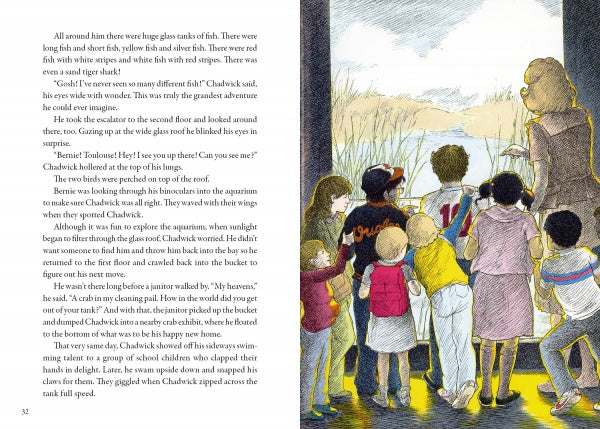 A group of children and two adults stand with their backs to the viewer, excitedly pointing at a Chesapeake Bay aquarium display, perhaps spotting Chadwick the Crab from "A Chadwick Treasury" by Schiffer Publishing, Ltd.