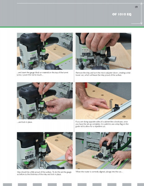 A step-by-step guide from "Festool*R Essentials: The Routers" by Schiffer Publishing, Ltd., showing hands adjusting a Festool router—close-ups of gauge locks, dials, and guide rail in a workshop with dust extraction system.