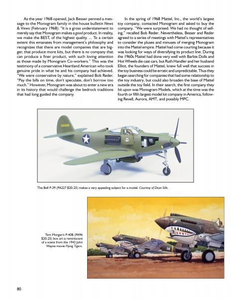 A magazine page shows a green Bell P-39 model airplane built with Monogram Models by Schiffer Publishing, Ltd., with a white star, plus an illustration of Tom Morgan’s P-40 over military vehicles and soldiers in a desert scene.