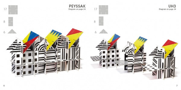 Two abstract models made with the ArchiTek cardboard building kit by Schiffer Publishing, Ltd. feature interlocking black and white pieces with zigzag yellow, blue, and red roofs. Labels PEYSSAK and UH3 are above each 3D structure. Pages 6 and 7 shown.