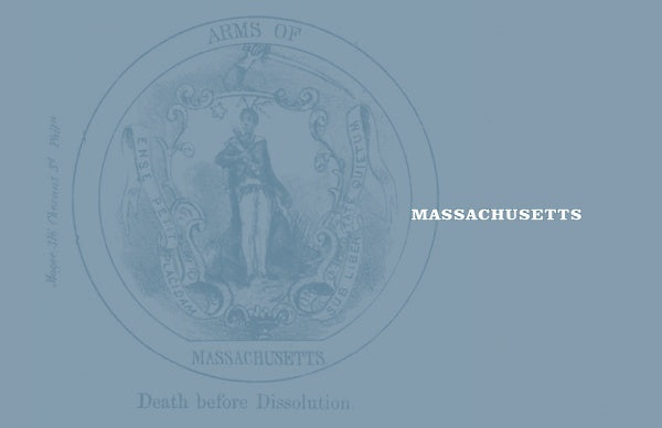 A faded Massachusetts state seal, with MASSACHUSETTS in bold and "Death before Dissolution" below, honors Union volunteers—a reference featured in Rally Round the Flag—Uniforms of the Union Volunteers of 1861 by Schiffer Publishing, Ltd.
