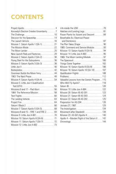 Project Apollo by Schiffer Publishing, Ltd. includes a table of contents listing chapters and page numbers on the Apollo era, manned space travel, spacecraft development, Saturn vehicles, mission modules, and related equipment.