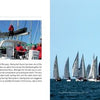 A two-page spread from Celebrating Cape Cod & the Islands by Schiffer Publishing, Ltd. shows sailboats racing under a blue sky and people on a dock with flags, alongside text about Cape Cod festivals and Figawi Race Weekend.