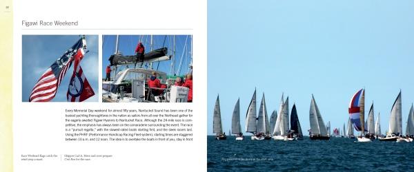 A two-page spread from Celebrating Cape Cod & the Islands by Schiffer Publishing, Ltd. shows sailboats racing under a blue sky and people on a dock with flags, alongside text about Cape Cod festivals and Figawi Race Weekend.