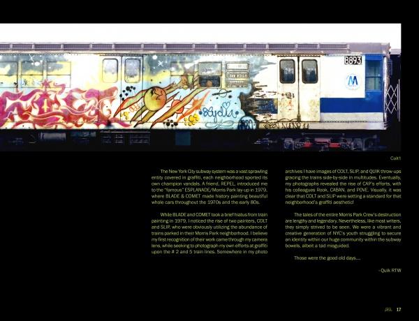 A blue and white NYC subway car numbered 8893, covered in vibrant graffiti, is shown in profile. Text below highlights graffiti culture and memories of crews like the Morris Park Crew. Product: "Morris Park Crew" by Schiffer Publishing, Ltd.