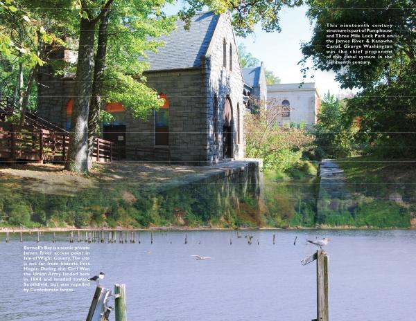 James River Reflections" by Schiffer Publishing, Ltd. captures a stone building by the calm James River, framed by trees and a wooden fence, with sunlight through the leaves, birds above the water, and text overlaying this tranquil Virginia scene.