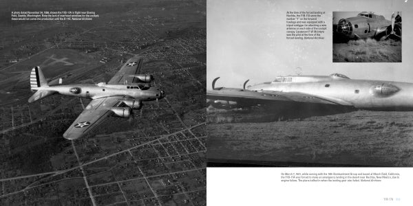 Two black-and-white photos from "B-17 Flying Fortress, Vol. 1" by Schiffer Publishing, Ltd. show the WWII aircraft in flight over a town and parked on the ground, viewed from the front and side.