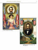 Two vintage Abraham Lincoln postcards from Schiffer Publishing, Ltd.: one depicts Lincoln and a woman with a pink ribbon amid US flags; the other features his portrait above a log cabin and the White House.