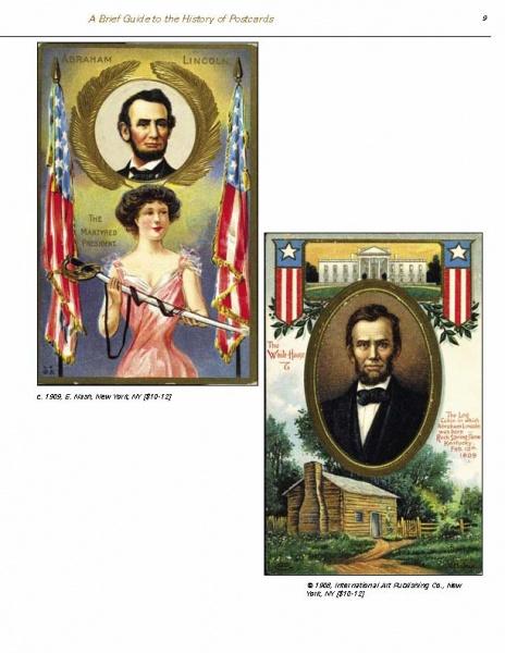 Two vintage Abraham Lincoln postcards from Schiffer Publishing, Ltd.: one depicts Lincoln and a woman with a pink ribbon amid US flags; the other features his portrait above a log cabin and the White House.