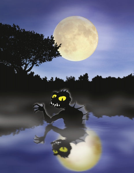 A shadowy monster with glowing eyes and sharp teeth emerges from a misty lake under the full moon—perfect for spooky tales. Featured on the cover of "They're Coming!" by Schiffer Publishing, Ltd., this scene oozes eerie atmosphere.